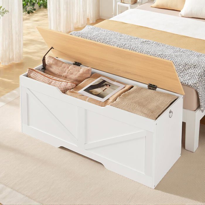 HOOBRO Coffre de Rangement Banc de Rangement avec Couvercle en Bois Armoire à Jouets Coffre à Jouets Blanc Couleur Bois