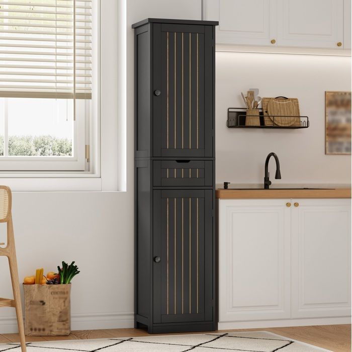 Colonne de cuisine 2 portes 1 tiroir et étagères réglables style rétro - MODENVIE - Noir MDF 170×40×30 cm