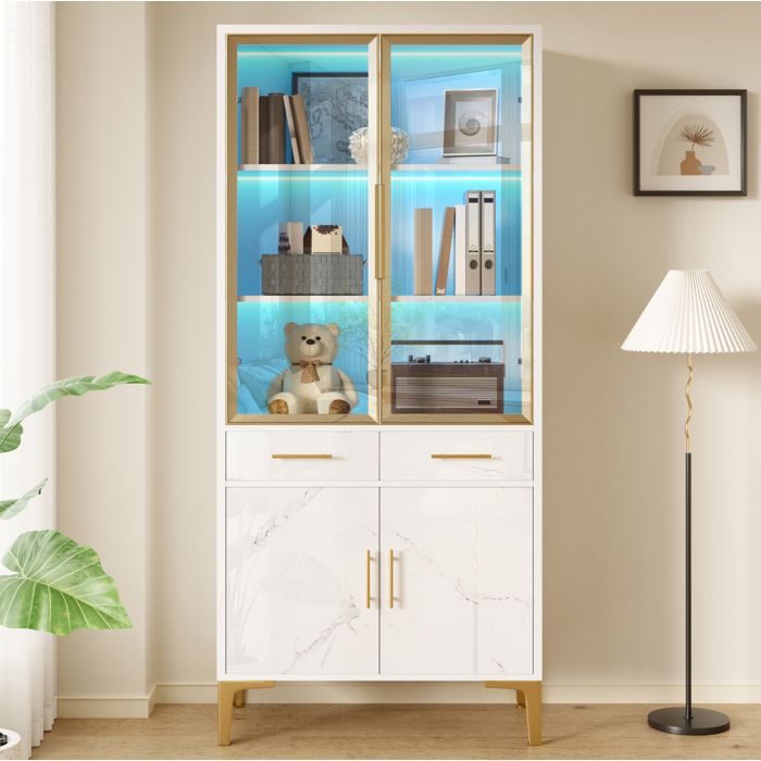MEUBLIV Vitrine haute blanche brillante effet marbre 2 portes vitrées 2 tiroirs LED APP pieds métal