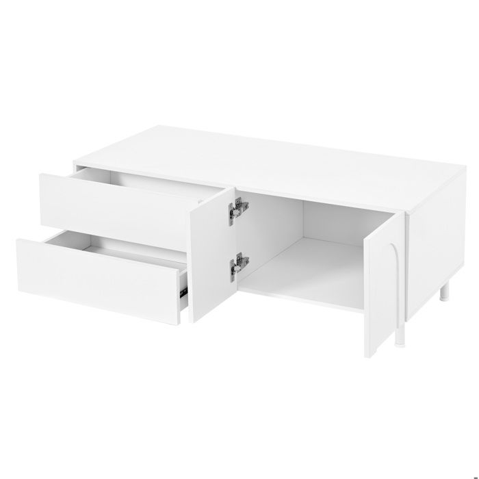 Table basse rectangulaire blanche avec 2 tiroirs et 2 portes rangement fermé pieds en métal salon