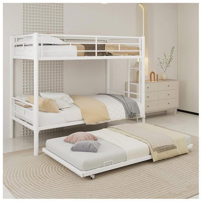 Lit superposé 3 Place métal blanc– 90x190 cm – échelle antidérapante – barrières de sécurité – sans matelas – 200 kg