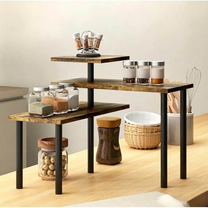 Étagère de rangement pivotante 3 niveaux pour cuisine et coin café gain de place métal aspect bois JOINERY