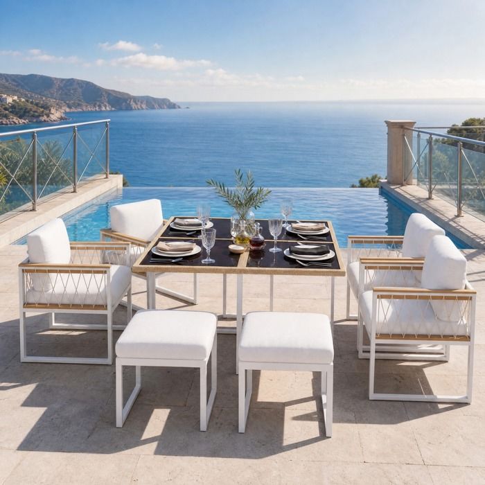 Ensemble de jardin 7 pièces pour 6 personnes table carrée 117 x 117 cm structure métal verre trempé fauteuils et poufs