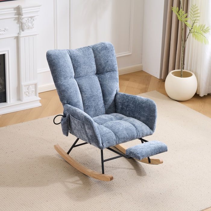 Fauteuil à bascule-63x92x89cm-Bleu-acier robuste grand dossier，repose-pieds