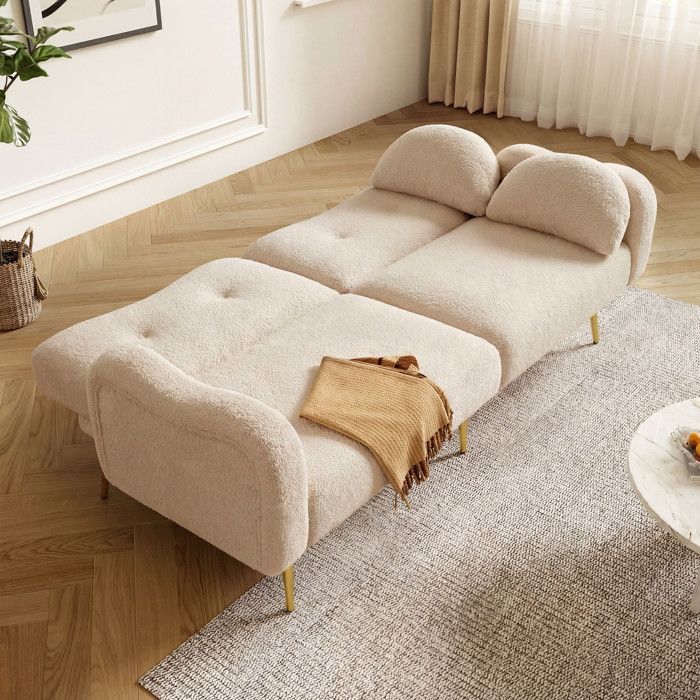 Canapé 2 Places - 175x79x82cm - Canapé Droit Convertible Lit Bouclette Dossier Réglable 3 Niveaux Pieds Dorés - Beige