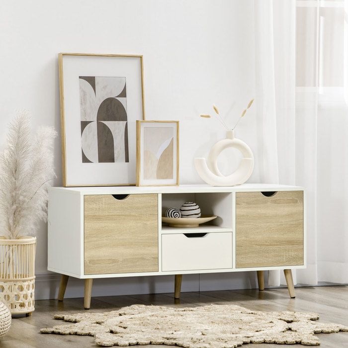 Meuble TV banc télé 2 placards rangement multimédia pour le salon plateau du haut dégagé pour l’écran 110 x 40 x 50 cm blanc