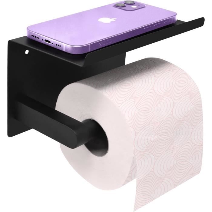 Porte Papier Toilette Mural Sans Percage - Avec Étagère Et 2 Crochets - Support Pour Salle De Bain, WC, Cuisine - Noir