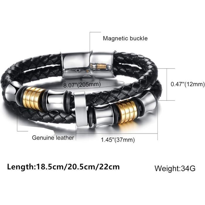 Bracelet Homme Cuir Marron Café - Fermoir Magnétique Acier Inoxydable, 21cm