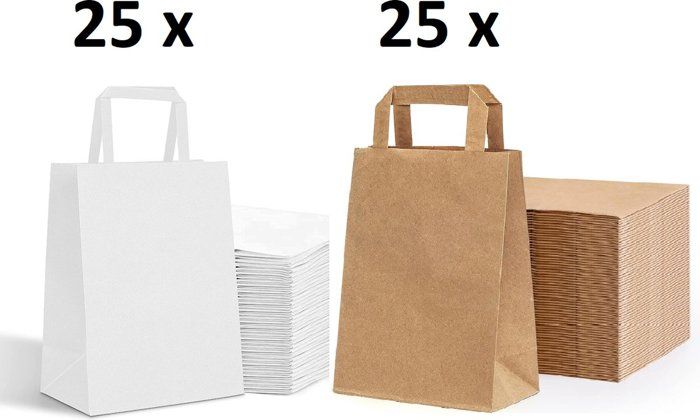 50 x petits sacs en papier kraft brun et blanc avec poignées 18x8x22cm  Sac de transport 100% recyclables