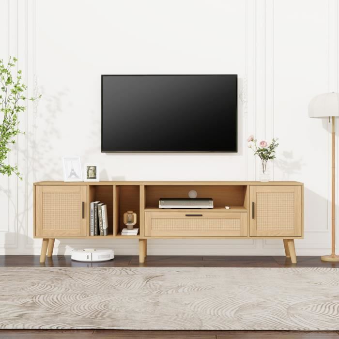Meuble TV en bois massif 180 cm avec décor rotin 2 portes et un tiroir pour télévision 80 pouces