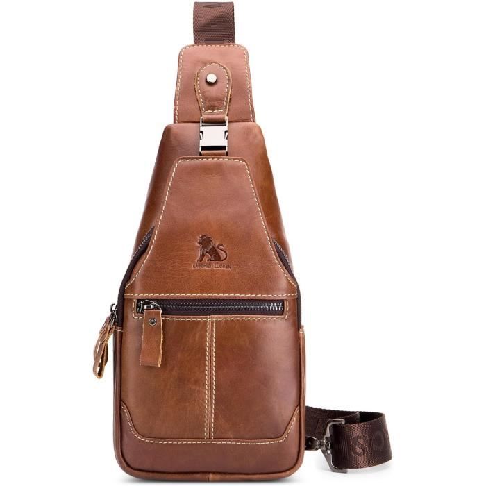 TIDING Sac De Poitrine En Cuir Véritable Pour Homme - Sac à Bandoulière Rétro Marron L - École, Sport, Travail