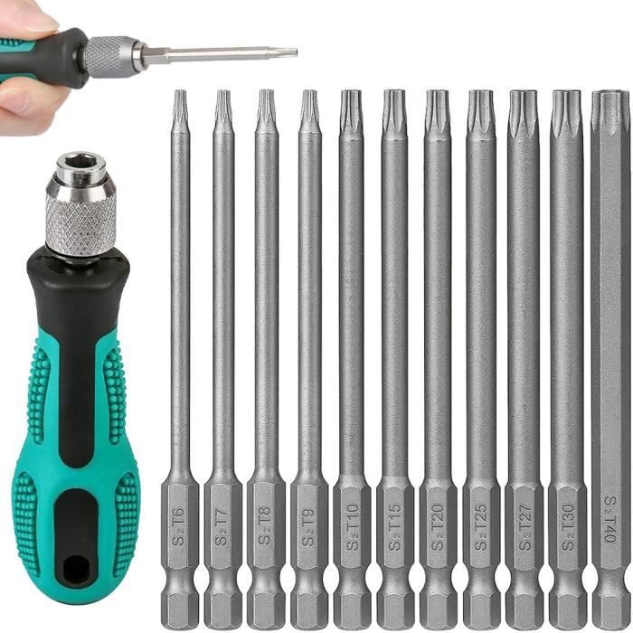 16 Embouts Tournevis Longs 100mm S2 - Magnétiques, 1/4" - Plat, Croix, Torx, Hex - Bestgle