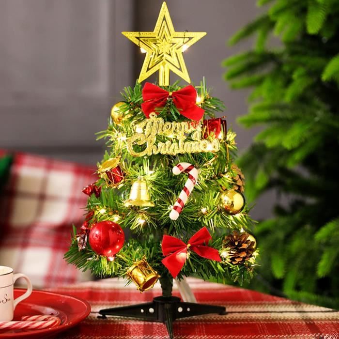 Sapin De Noël Artificiel De Table 60 Cm - Avec Lumières LED Blanches Chaudes - Branches Givrées, Pommes De Pin Et Baies