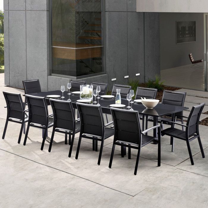 ensemble table et chaises de jardin wilsa modulo t 8/12 + f 12 en aluminium et verre trempé noir