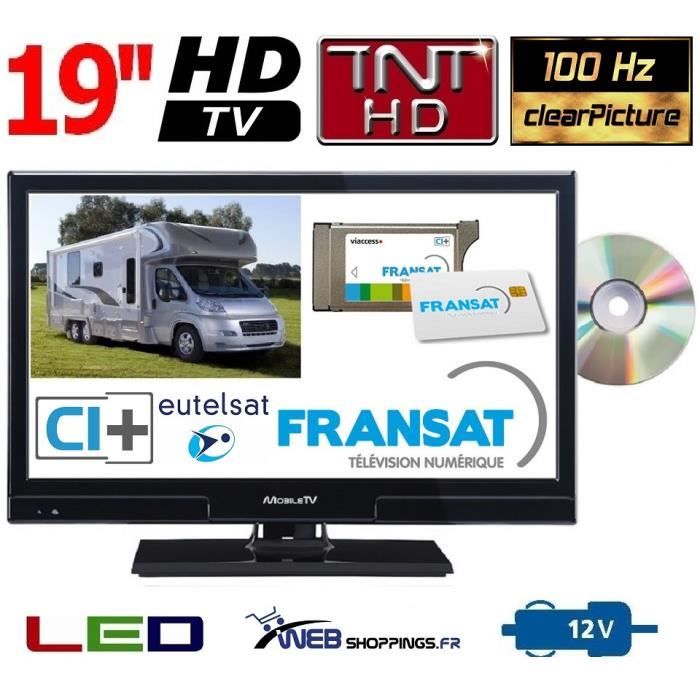 TV CAMPING CAR 19" 49cm DEMODULATEUR SATELLITE INTÉGRÉ + CARTE FRANSAT COMBINÉ DVD LED HD TNTHD