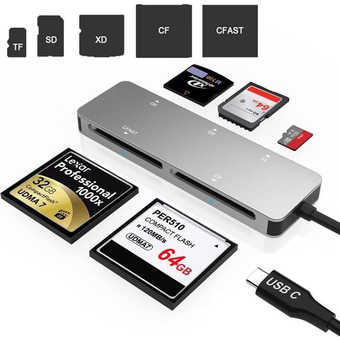 Lecteur Cartes CFast, USB 3.0 USB C CFast 2.0-CF-SD-TF-XD Memory Card  Adapter,Lecture simultanée de 5 Cartes à Grande [172] - Cdiscount  Informatique