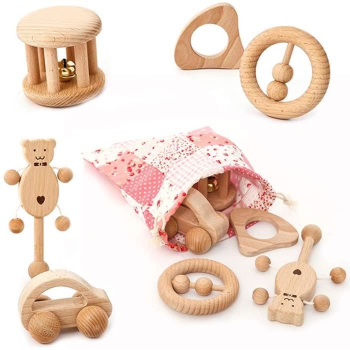 Lot De 5 Hochets En Bois Pour Bebe Montessori Jouet Educatif A Macher Avec Sac Cdiscount Puericulture Eveil Bebe