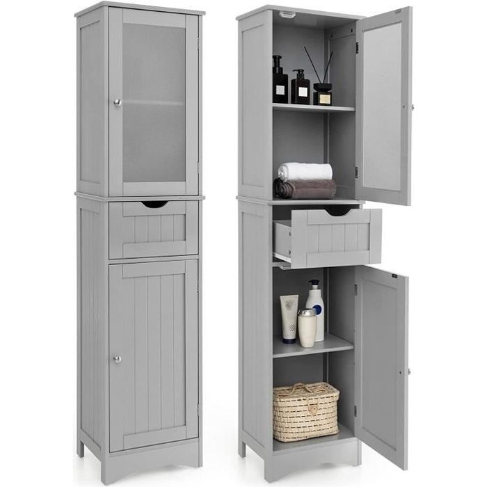 COSTWAY Meuble Colonne de Salle de Bain avec 2 Portes et 1 Tiroir Étagères Réglable Porte en Verre Dépoli 40 x 30 x 170 cm Gris