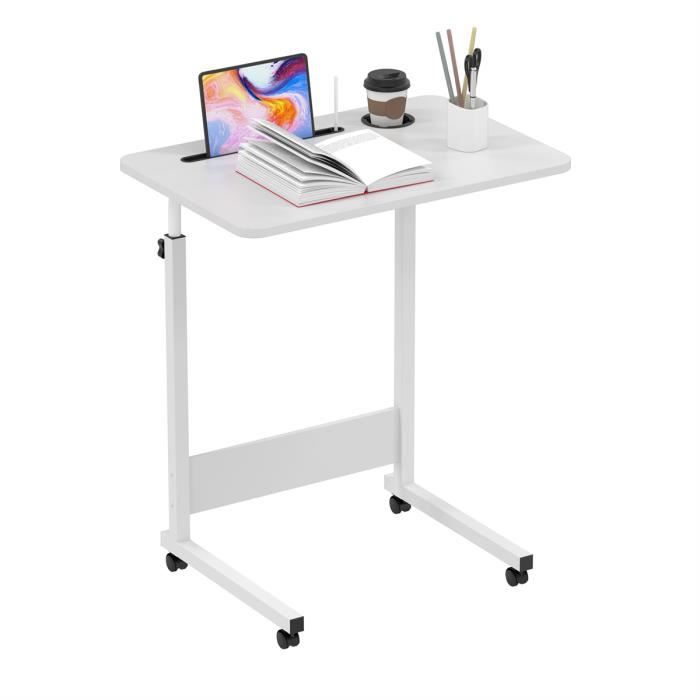 Table dappoint avec 4 roulettes - LDSZXNE - Blanc - Hauteur réglable - Fente et porte-gobelet