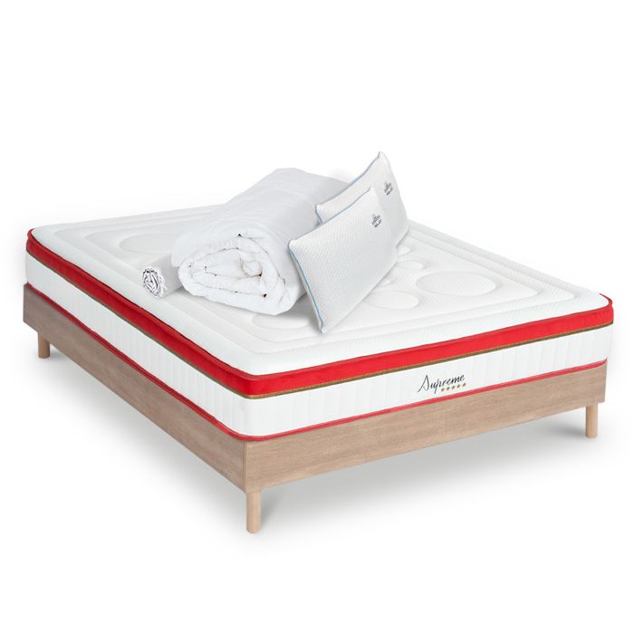 Ensemble Suprême 180x200 cm + sommier bois + accessoires - Mousse HD mémoire - Ép. 24 cm Ensemble Suprême 180x200 cm + sommier bois + accessoires - Mousse HD mémoire - Ép. 24 cm