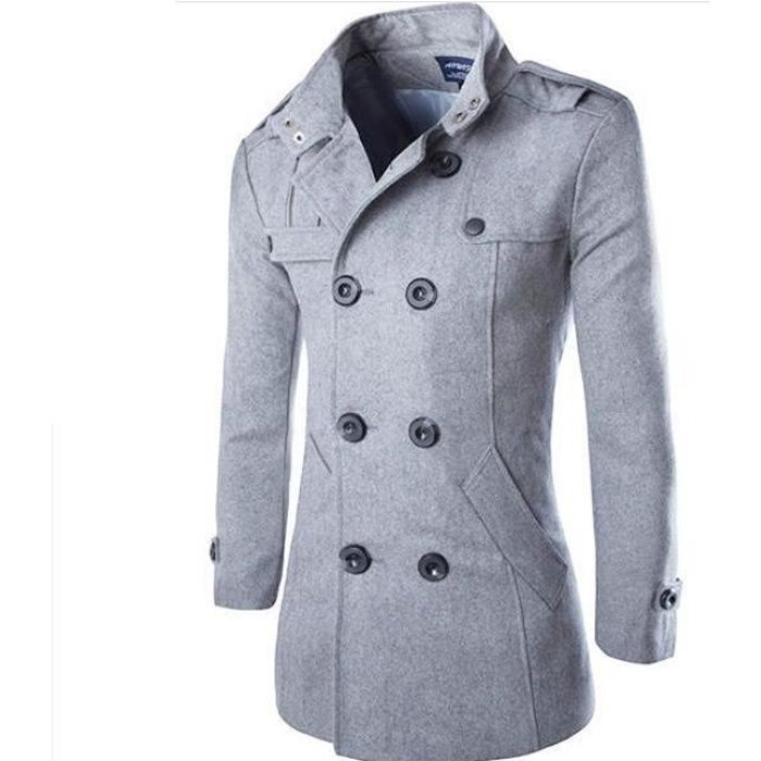 Manteau long hiver homme chaud Gris en laine Col montant Caban