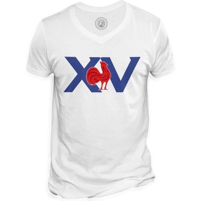 T-shirt Homme Col V XV France Rugby Sport Ballon Equipe