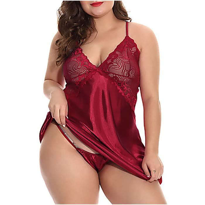 Nuisette Femme Mode Sexy Grande Taille Dentelle et Soie Rouge