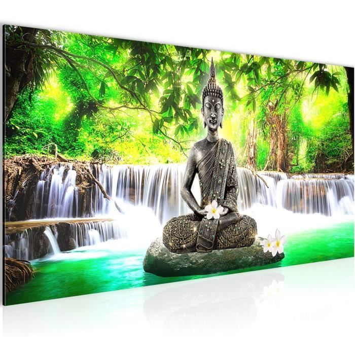Toile peinte Bouddha Lotus 107x78cm Fresque murale Tenture peinture sur coton avec paillettes Accessoire Décoration Maison indischerbasar.de