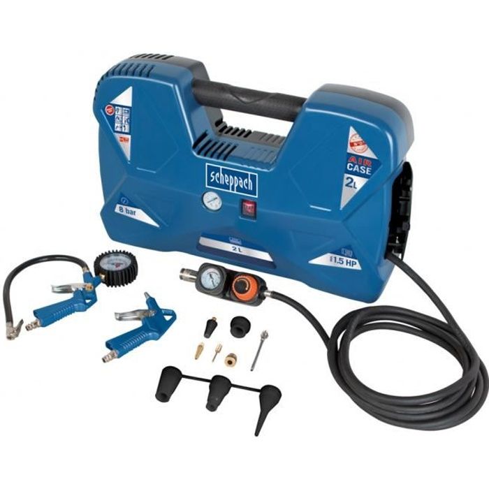 Compresseur portatif Scheppach AIR CASE - 2L- 1100 W - 8 bars ( Livré avec 12 accessoires, une souff