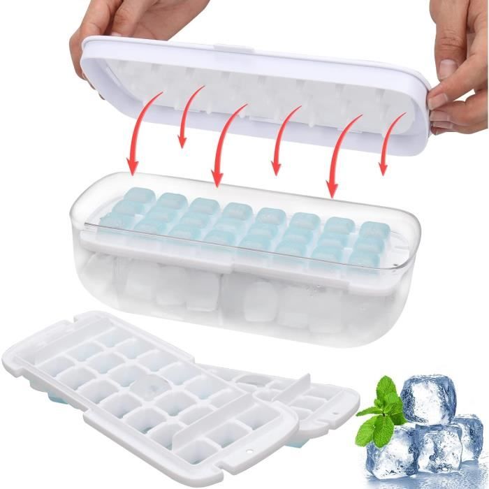 Bac à Glaçons Avec Couvercle - 64 Cubes, Système Push Facile, Sans BPA, Bleu (2 Niveaux, Avec Cuillère Et Boîte)