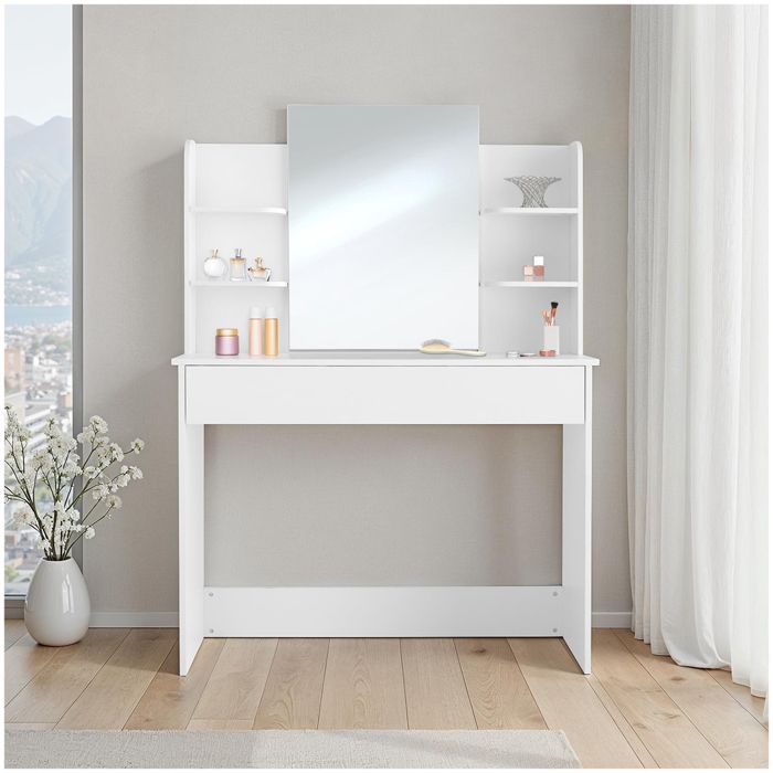 Coiffeuse - TECTAKE - Table de maquillage CAMILLE avec tiroir et 4 étagères au style moderne 100 x 40 x 1395 cm - Blanc