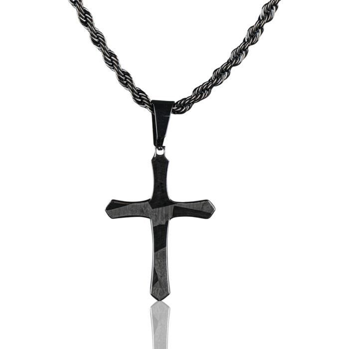 Collier Homme Croix Acier Inoxydable U7 - Chaîne Maille Spiga 55+5cm - Pendentif Crucifix 52mm - Foi Catholique