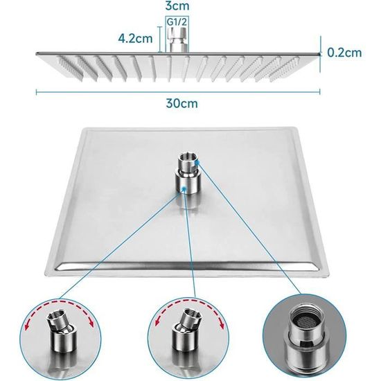 Tête De Douche Pluie Carrée 30x30 Cm - Acier Inoxydable 304 - 144 Buses Silicone - Raccord G1/2" - Haute Pression