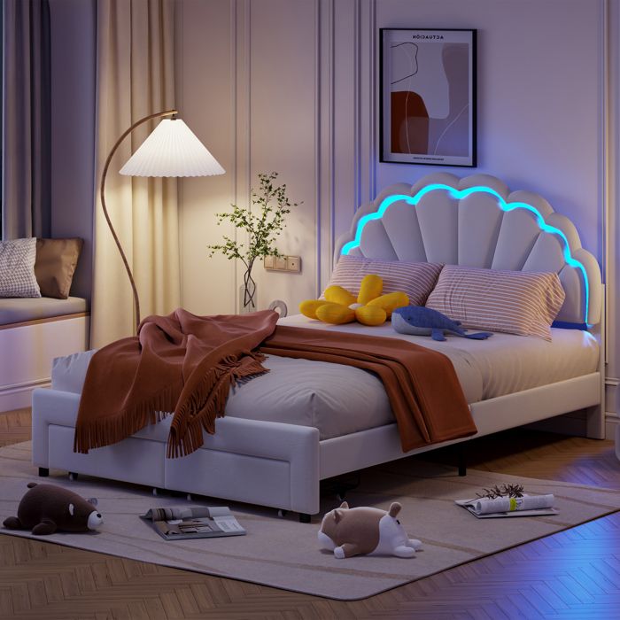 Lit Double 140x190cm Velours Blanc/Rose - 4 Tiroirs Rangement - Tête De Lit LED RGB Et USB - Moderne