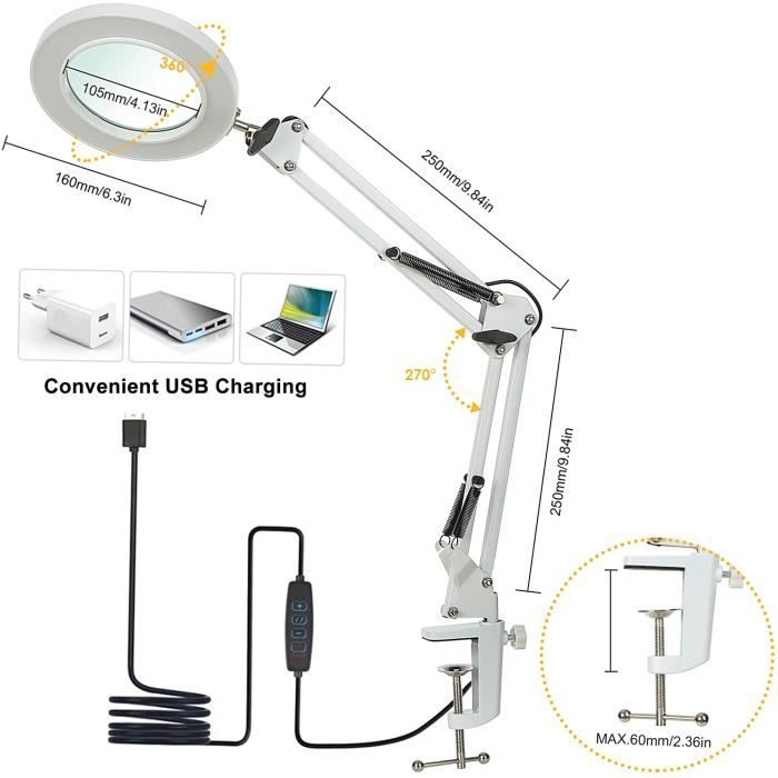 Cocosity Lampe à LED 5x Lampes De Bureau Tbest, Lampe à Pince LED Avec Loupe 5X, Lampe D'établi à Luminosité Réglable Moto Atelier - Appareil Photo