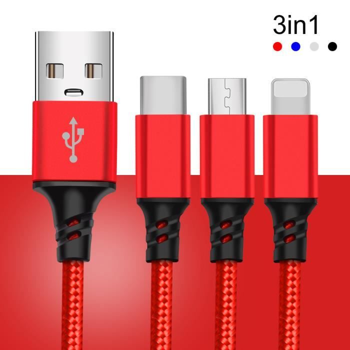 Câble Multi USB, 3 en 1 Multi Chargeur USB Câble en Nylon Tressé avec Micro  USB
