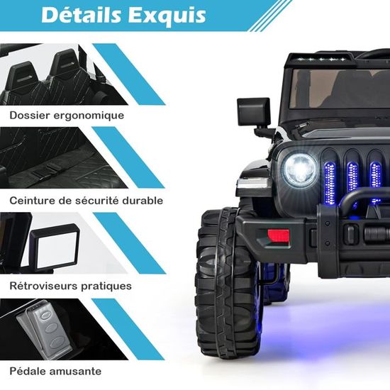 GOPLUS Voiture Électrique Enfants 2 Places 12V – Télécommande, Musique, LED, Quad 4x4, Démarrage Progressif, 3 Vitesses – Pour 3+ Ans, Charge 30 Kg (Noir)