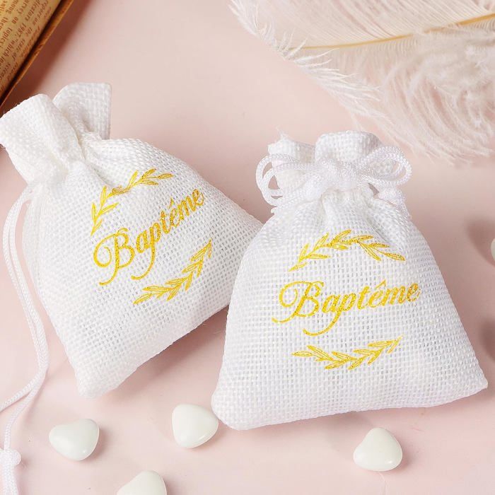 12Pcs Sachet Dragée Jute Baptême Pochette Blanc Motif Brindille Dorée