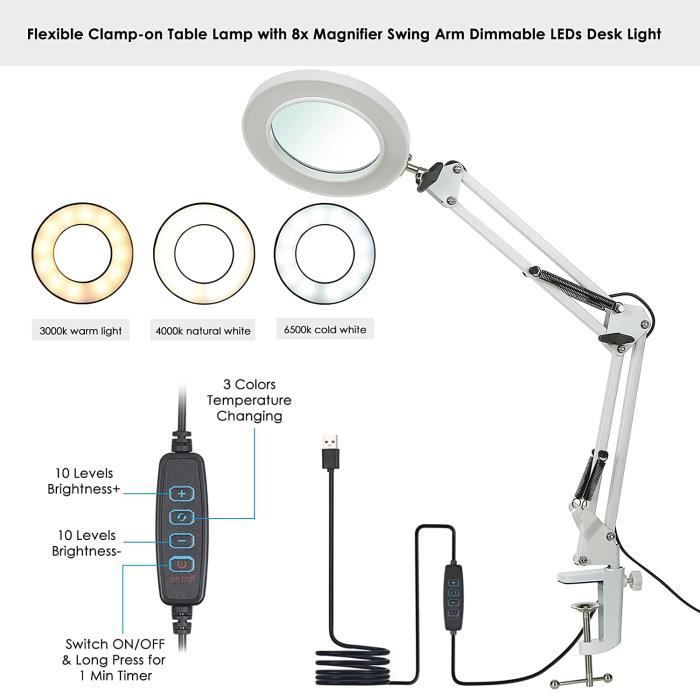 NEWACALOX Lampe de bureau loupe, lampe loupe 2 en 1 avec pince et base