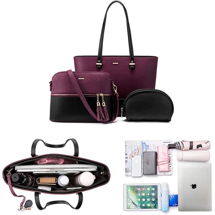 Sac à Main Femme Ensemble 4 Pièces - Fourre-tout + Bandoulière + Portefeuille + Porte-cartes - Cuir PU Bleu Foncé