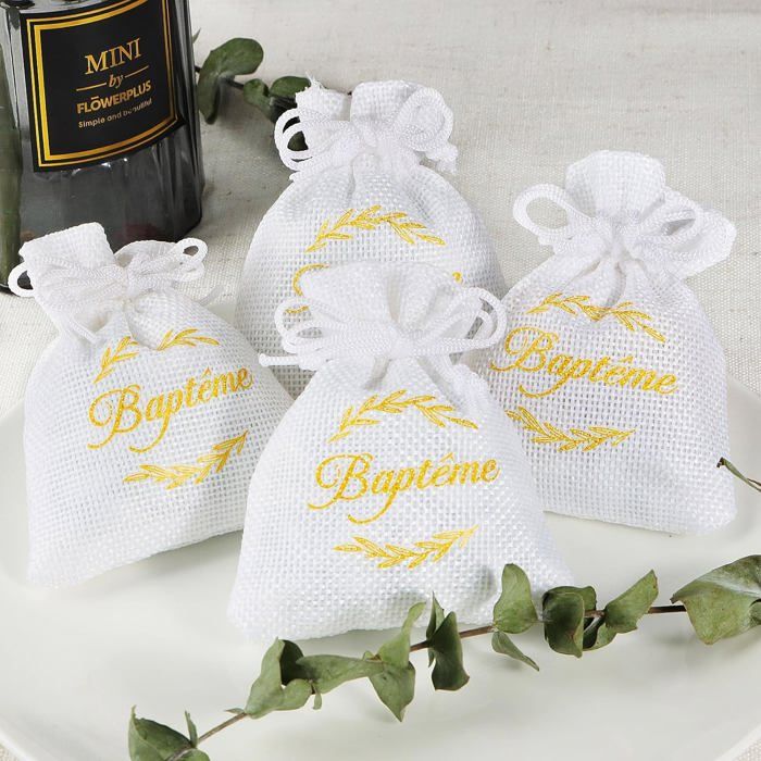12Pcs Sachet Dragée Jute Baptême Pochette Blanc Motif Brindille Dorée
