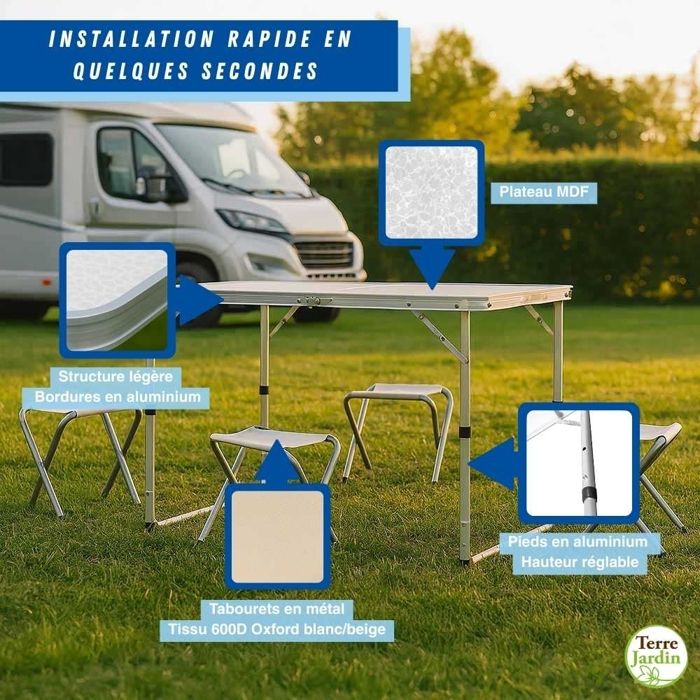 BURI Table Pliante Avec 4 Chaises Table De Camping 120 X 60,5 Cm