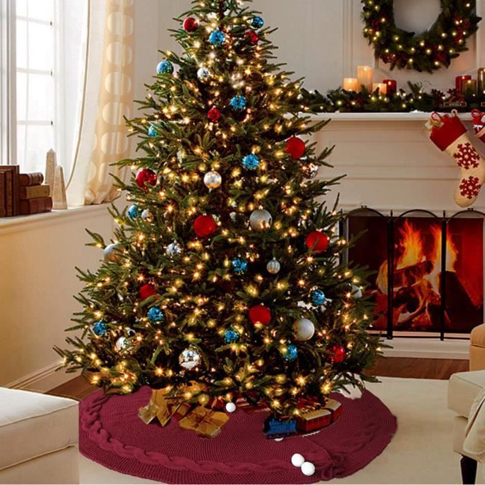Jupe De Sapin De Noël Rouge Et Noir – 120 Cm De Diamètre, Peluche, Avec Flocons De Neige