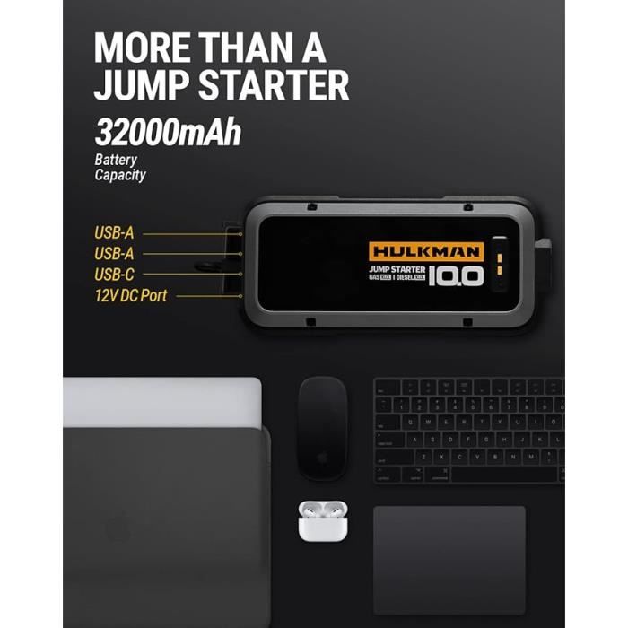 HULKMAN Alpha 100 Booster Batterie Voiture 4000A 32000 mAh Jump Starter  Power Bank Démarreur de voiture avec démarrage à -40°C 65W - Cdiscount Auto