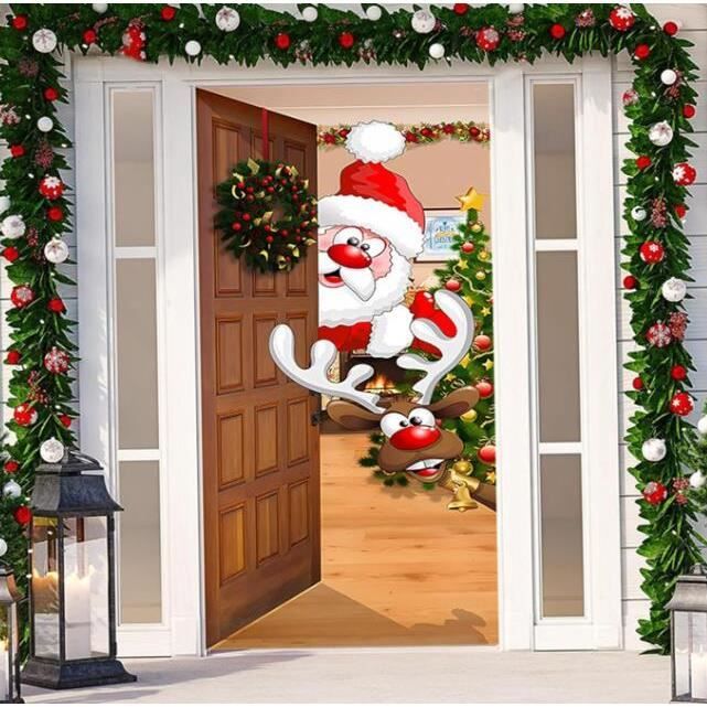 Décor De Porte D'Entrée De Noël - Housse Tissu Élastique Multicolore Avec Adhésif - Installation Facile Extérieure