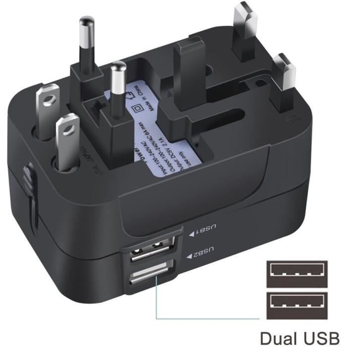 Adaptateur de voyage universel international - 2 ports USB - Compatible  tous pays - Noir - Dio