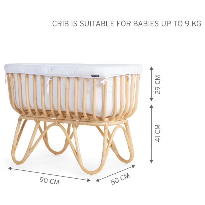 Berceau Bébé En Rotin CHILDHOME - 70x51x90 Cm, Avec Matelas Et Tour De Lit - Pour Nouveau-né Jusqu'à 6 Mois