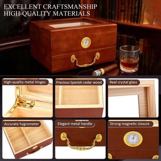 Humidor CIGARLOONG En Verre Et Bois De Cèdre - Capacité 25-35 Cigares, Avec Hygromètre Et Humidificateur - Brun