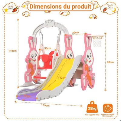 Toboggan Intérieur 4 En 1 Pour Enfants – Avec Balançoire, Panier De Basket, Capacité 35 Kg, Couleur Rose