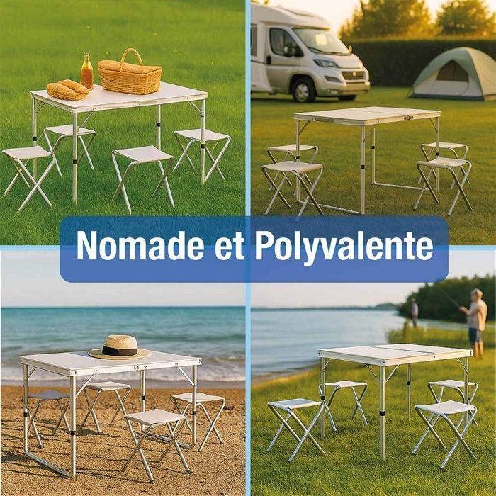Table De Camping Pliante Terre Jardin 120x60 Cm Avec 4 Tabourets, Hauteur Réglable 54/61/70 Cm, Plateau MDF Blanc, Structure Aluminium